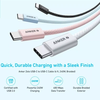 Cáp Dù Anker Zolo C to C 240W A8.060 Chống Bám Bẩn, Bảo Hành 18 Tháng, 108.999đ