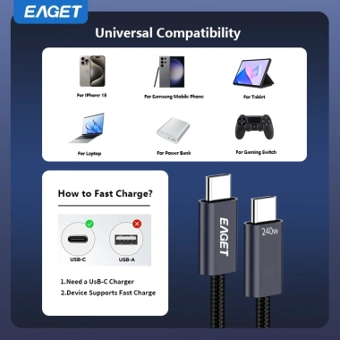 Cáp dữ liệu EAGET 240W Type C sang Type C bện Nylon, tương thích iPhone 16/15, iPad, Samsung - 37.400₫ 8