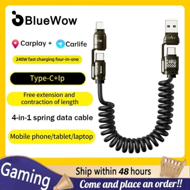 Cáp lò xo 4 trong 1 BlueWow 240W - Sạc nhanh, truyền dữ liệu tốc độ cao, USB-A/Type-C sang Type-C, Li, bền bỉ di động