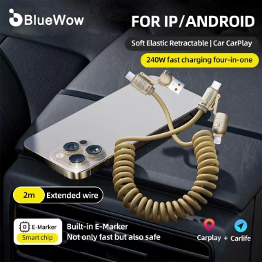 Cáp lò xo 4 trong 1 BlueWow 240W - Sạc nhanh, truyền dữ liệu tốc độ cao, USB-A/Type-C sang Type-C, Li, bền bỉ di động