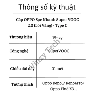 Cáp OPPO Super VOOC 2.0 Type‑C (Lõi Vàng) – Sạc nhanh, Chính hãng Vinzy, bảo hành 6 tháng, 85.000₫ 6 Cáp OPPO Super VOOC 2.0 Type‑C (Lõi Vàng) – Sạc nhanh, Chính hãng Vinzy, bảo hành 6 tháng, 85.000₫ 6
