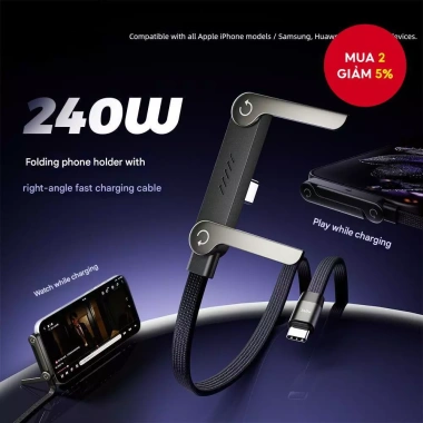 Cáp sạc 2 trong 1 240W Siêu Nhanh và Giá Đỡ Vô Hình, Tương Thích iPhone Samsung Type‑C, Dùng Cho Game, Văn Phòng, Du Lịch Xe Hơi
