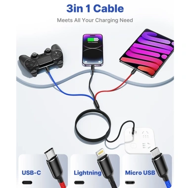 Cáp sạc 3 trong 1 Nylon bện 3.0A nhanh – Micro, USB-C, IP, 1.2m, bền bỉ, giảm giá 59k 4