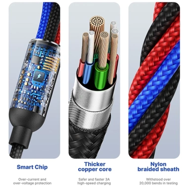 Cáp sạc 3 trong 1 Nylon bện 3.0A nhanh – Micro, USB-C, IP, 1.2m, bền bỉ, giảm giá 59k 7
