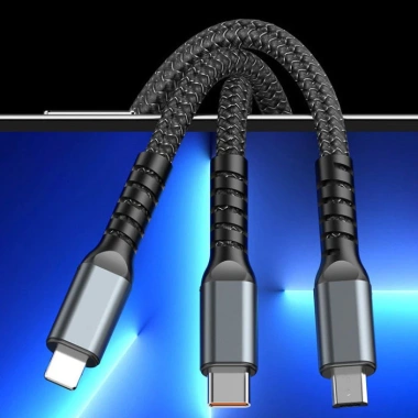 Cáp sạc nhanh 100W bọc dù 3 trong 1 TENZATEK Micro USB Type C 3 cổng