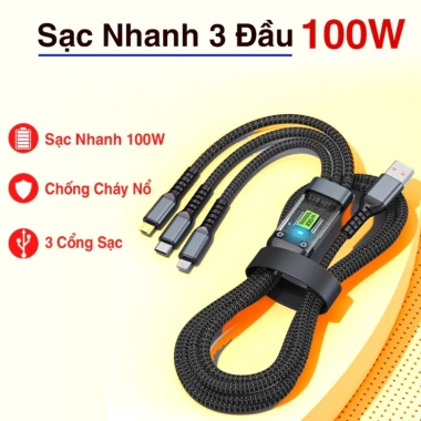 Cáp sạc nhanh 100W bọc dù 3 trong 1 TENZATEK Micro USB Type C 3 cổng