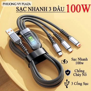 Cáp sạc nhanh 100W bọc dù 3 trong 1 TENZATEK Micro USB Type C 3 cổng