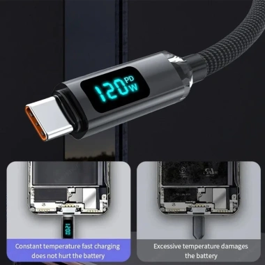 Cáp sạc nhanh 120W Type C cho iPhone 15, Xiaomi, POCO, Samsung LED hiển thị 3