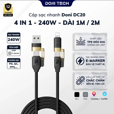Cáp Sạc Nhanh 240W 4in1 Doni DC20 2m + Chip E‑Marker cho Phone, Laptop, PROMAX 2