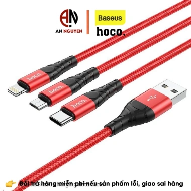 Cáp sạc nhanh 3in1 Hoco DU02 Type‑C/Micro 2.4A dây dũ siêu bền 1.2m cho Smartphone 6