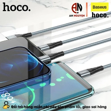 Cáp sạc nhanh 3in1 Hoco DU02 Type‑C/Micro 2.4A dây dũ siêu bền 1.2m cho Smartphone 7