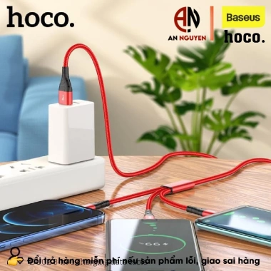 Cáp sạc nhanh 3in1 Hoco DU02 Type‑C/Micro 2.4A dây dũ siêu bền 1.2m cho Smartphone 8