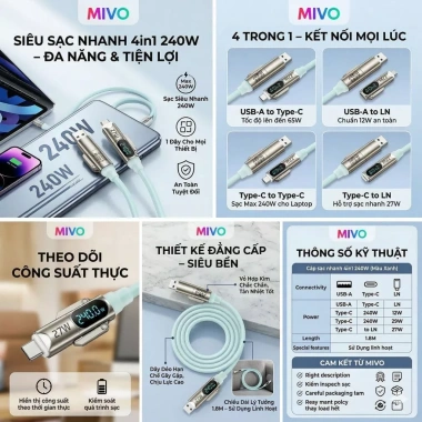 Cáp Sạc Nhanh 4in1 240W Mivo - LED Hiển Thị Công Suất, USB-A, Type-C, LN, Đa Năng, Giá Siêu Tiết Kiệm
