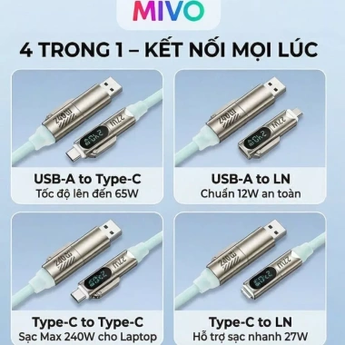Cáp Sạc Nhanh 4in1 240W Mivo - LED Hiển Thị Công Suất, USB-A, Type-C, LN, Đa Năng, Giá Siêu Tiết Kiệm 3 Cáp Sạc Nhanh 4in1 240W Mivo - LED Hiển Thị Công Suất, USB-A, Type-C, LN, Đa Năng, Giá Siêu Tiết Kiệm 3