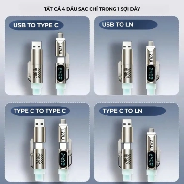 Cáp Sạc Nhanh 4in1 240W Mivo - LED Hiển Thị Công Suất, USB-A, Type-C, LN, Đa Năng, Giá Siêu Tiết Kiệm