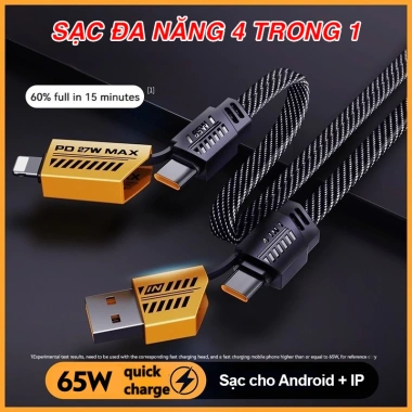 Cáp Sạc Nhanh 65W 4 Đầu C-L C-C USB-C USB-L Đa Năng 4 trong 1, Hỗ Trợ Sạc Nhanh Tiện Lợi 3