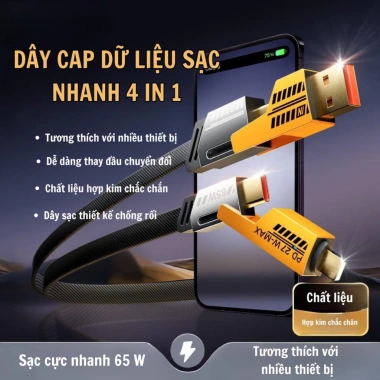 Cáp Sạc Nhanh 65W 4 Đầu C-L C-C USB-C USB-L Đa Năng 4 trong 1, Hỗ Trợ Sạc Nhanh Tiện Lợi 8