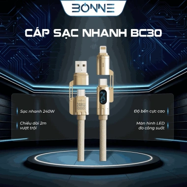 Cáp Sạc Nhanh BC30 2m 4in1 240W Bonne – CarPlay, Bảo Hành 12 Tháng, Giá chỉ 204.000₫ 2