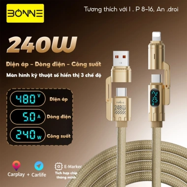 Cáp Sạc Nhanh BC30 2m 4in1 240W Bonne – CarPlay, Bảo Hành 12 Tháng, Giá chỉ 204.000₫ 3