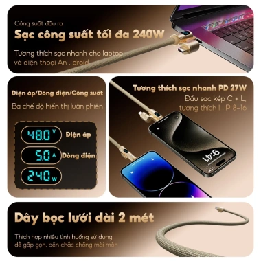 Cáp Sạc Nhanh BC30 2m 4in1 240W Bonne – CarPlay, Bảo Hành 12 Tháng, Giá chỉ 204.000₫ 4
