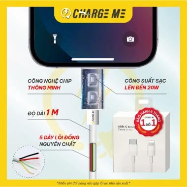 Cáp sạc nhanh Charge Me PD 20W, chống quá nhiệt, chống chập cháy, dài 1m, bảo hành 6 tháng - 79.000đ