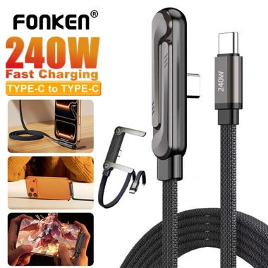 Cáp sạc nhanh Fonken 240W Type‑C sang Type‑C, 360° xoay, gập lại, giá đỡ – chỉ 9.900₫