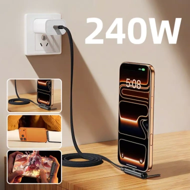 Cáp sạc nhanh Fonken 240W Type‑C sang Type‑C, 360° xoay, gập lại, giá đỡ – chỉ 9.900₫