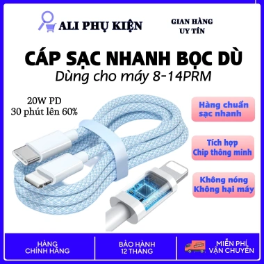 Cáp sạc nhanh PD bọc dù cho iPhone 8‑14 PRM dài 1m‑2m, tốc độ cao, giá chỉ 88.900₫