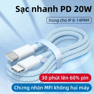 Cáp sạc nhanh PD bọc dù cho iPhone 8‑14 PRM dài 1m‑2m, tốc độ cao, giá chỉ 88.900₫