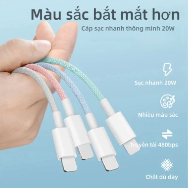 Cáp sạc nhanh PD bọc dù cho iPhone 8‑14 PRM dài 1m‑2m, tốc độ cao, giá chỉ 88.900₫