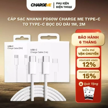 Cáp sạc nhanh PD60W Charge Me Type-C to Type-C 1m bọc dù, chống chập cháy, BH 6 tháng, 1 đổi 1 – 89.000₫ 2