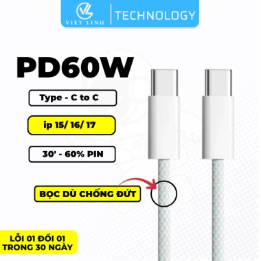 Cáp Sạc Nhanh Type-C PD60W - Dây Sạc Hỗ Trợ 60W, Siêu Nhanh, Bảo Hành 12 Tháng
