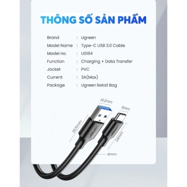 Cáp sạc nhanh USB 3.0 sang Type-C 3A dài 0.5-2m UGREEN US184 giá 83.000 VND 7