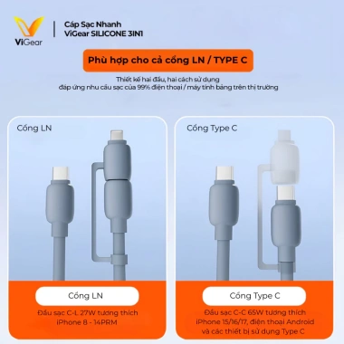 Cáp Sạc Nhanh ViGear 3in1 1.5m 65W C-C 27W C-L Dẻo Bền Dành Cho Phone Laptop 3