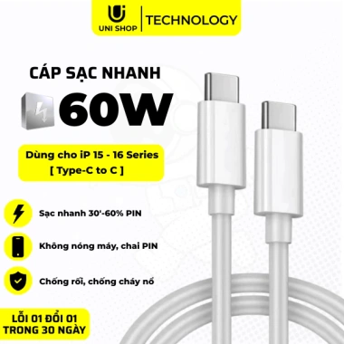 Cáp sạc Type C 60W cho iPhone 15/15 Plus/15 Pro Max - Chống cháy nổ, không loạn cảm ứng, bảo hành 1 đổi 1 - 40.000 VND