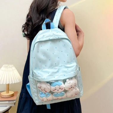 Cặp sách học sinh nữ chấm bi, ngăn trong suốt, chống nước, balo thời trang màu trơn - 142.900₫ 5