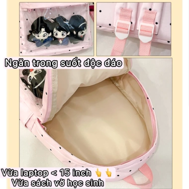 Cặp sách học sinh nữ chấm bi, ngăn trong suốt, chống nước, balo thời trang màu trơn - 142.900₫ 9