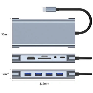 Cáp USB C Hub 11 trong 1 HDMI 4K, RJ45 LAN, VGA, PD, SD/TF, AUX 3.5mm - 308.000₫