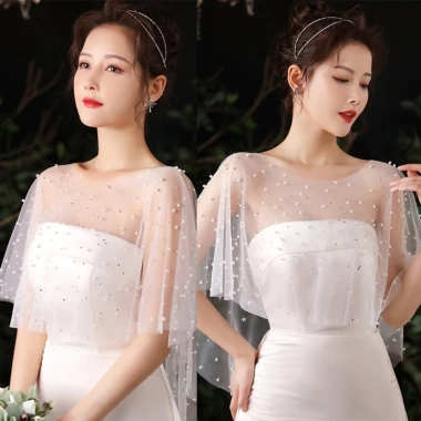 Capelet Khăn Choàng Sheer Tulle Ngọt Trai Hạt Trắng Vintage Dài Thấp 106k 3