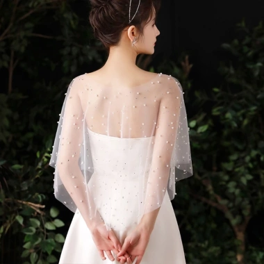 Capelet Khăn Choàng Sheer Tulle Ngọt Trai Hạt Trắng Vintage Dài Thấp 106k 6