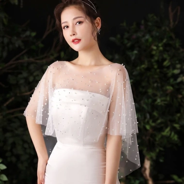 Capelet Khăn Choàng Sheer Tulle Ngọt Trai Hạt Trắng Vintage Dài Thấp 106k 8