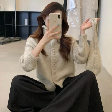 Cardigan nữ cổ rùa Hàn Quốc mùa thu đông dệt kim dày mềm mại giữ nhiệt