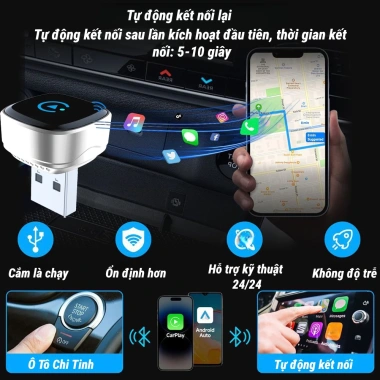 CarPlay không dây 2 trong 1 - Cắm chạy, iPhone & Android, Bluetooth 5.3, xe cũ