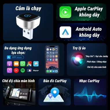 CarPlay không dây 2 trong 1 - Cắm chạy, iPhone & Android, Bluetooth 5.3, xe cũ