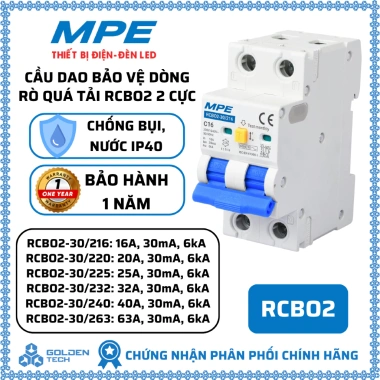 Cầu dao RCBO2 2 cực bảo vệ quá tải MPE, chống nước IP40 16‑63A, giảm giá 361.669₫