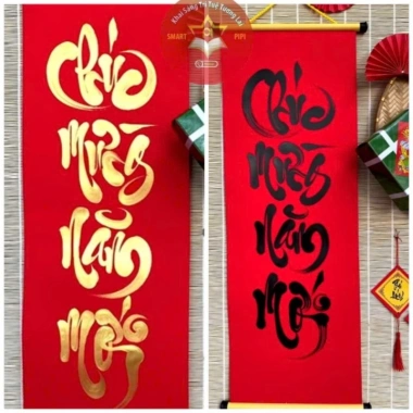 Câu đối thư pháp đỏ 26x109cm - Trang trí Tết, liễu giấy nhung nẹp treo, 49.000₫ 2