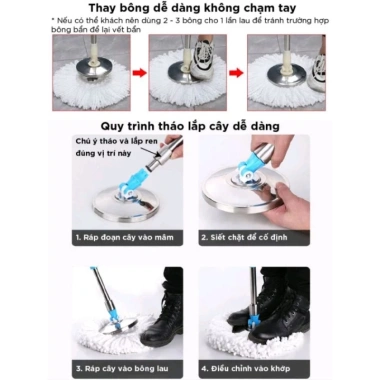 Cây chổi lau nhà xoay 360 độ 3.6.0 độ inox, gồm 1 thân, đầu bông, đầu xoay – Giá 195.000₫ 2