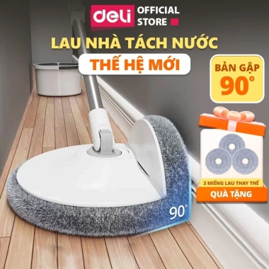 Cây Lau Nhà Deli Gập 90 độ + Thùng Tự Vắt - Chổi Lau 360 độ Tách Nước Bẩn, Tặng 3 bông, Giá 369.000₫