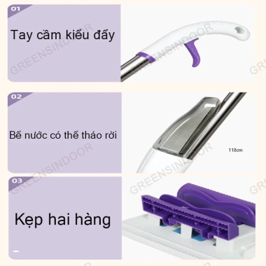 Cây lau nhà phun sương GREENSINDOOR - Đầu xoay 360 2 chế độ khô ướt đa năng 118cm