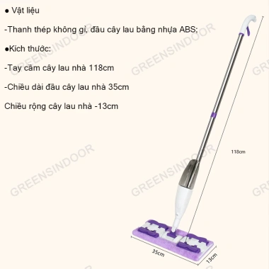 Cây lau nhà phun sương GREENSINDOOR - Đầu xoay 360 2 chế độ khô ướt đa năng 118cm
